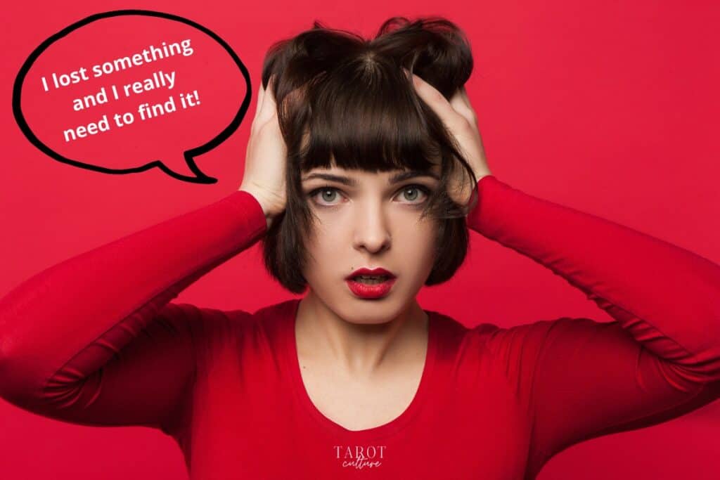 Overwhelmed woman with hands on head, wearing a red T-shirt, with a bubble speech with the caption "I lost something and I really need to find it!"